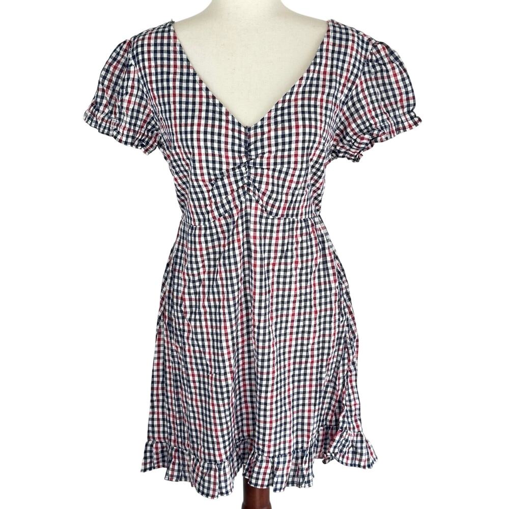 ANGIE GINGHAM V-NECK BABYDOLL MINI DRESS IN BLUE‎ RED NWT WOMEN'S SIZE LARGE